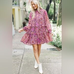 AVARA Purple Floral Smocked High Neck Baby Doll Long Sleeve Tiered Dress